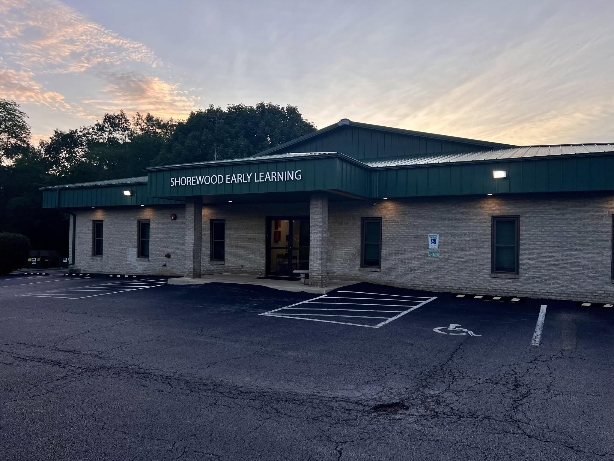 Front entrance of Shorewood Early Learning Center at sunset
